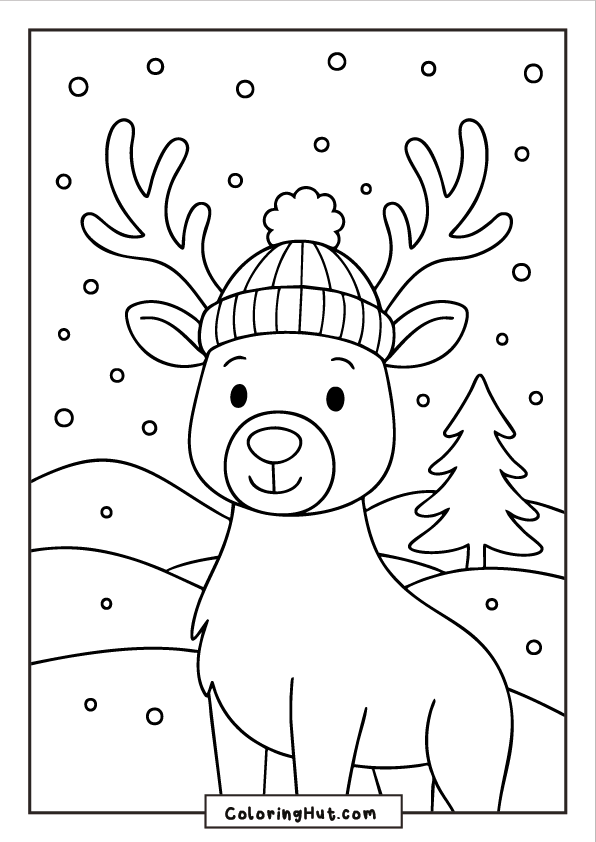 Cute reindeer wearing a warm winter hat standing in a snowy landscape with hills and pine trees behind.