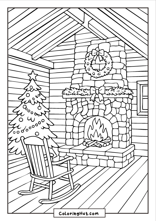 Cozy rustic cabin interior with a stone fireplace, rocking chair, and decorated Christmas tree beside crackling firelight.