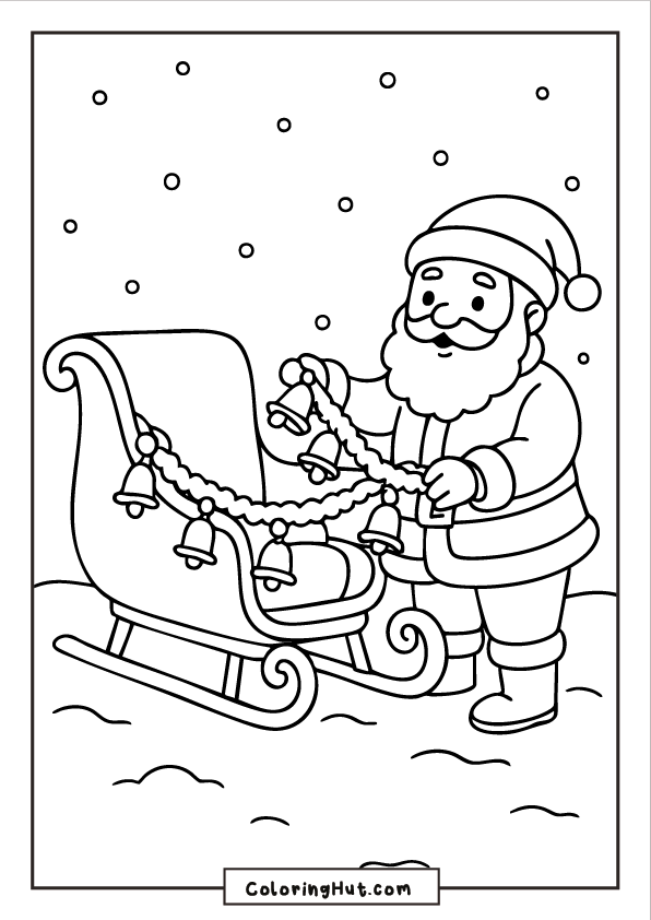 Santa adding garland and bells to his sleigh while snow falls around him in a winter scene.