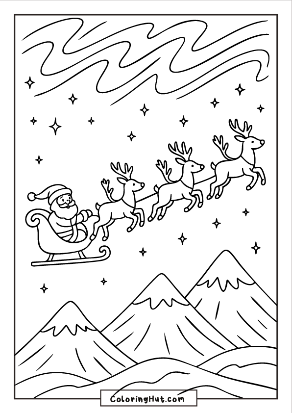 Santa riding his sleigh through the night sky with reindeer, stars and swirling clouds above snowy mountain peaks.
