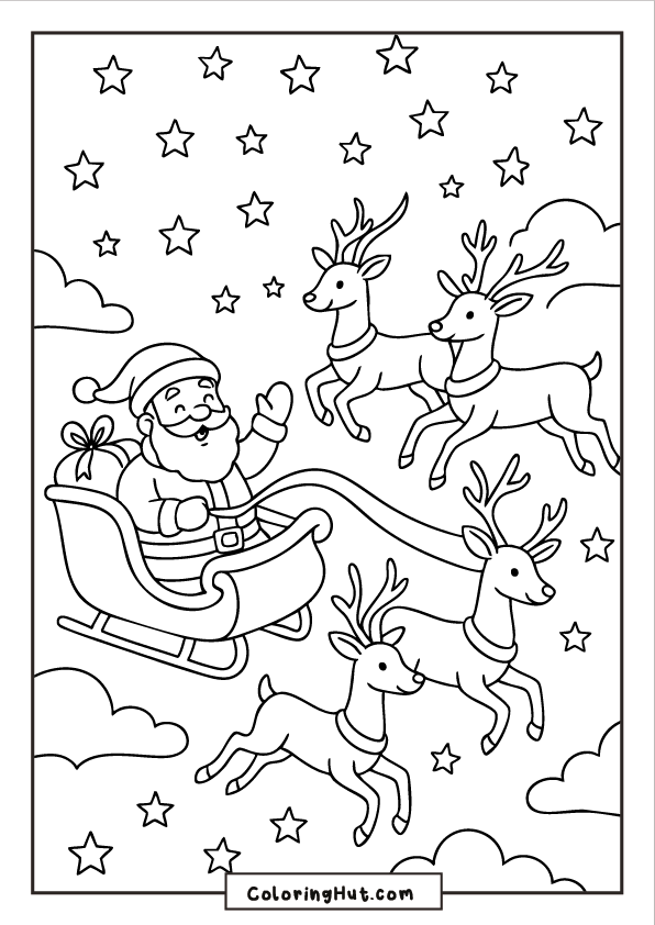 Santa in his sleigh pulled by reindeer soaring through a star-filled night sky with clouds.