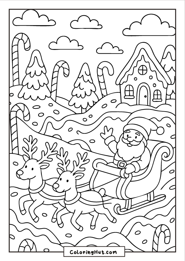 Santa riding a sleigh pulled by reindeer through a candy-cane filled Christmas village with a gingerbread house and snowy hills.
