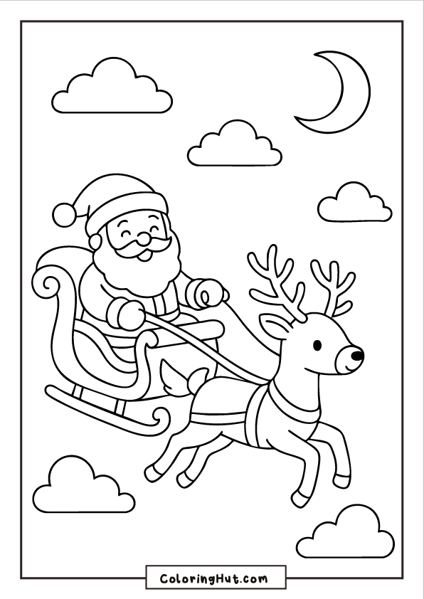Santa in a sleigh led by a reindeer gliding through the night sky with clouds and a crescent moon.