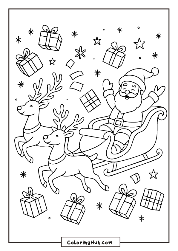 Santa riding his sleigh with reindeer as wrapped gifts tumble through the snowy sky around hi