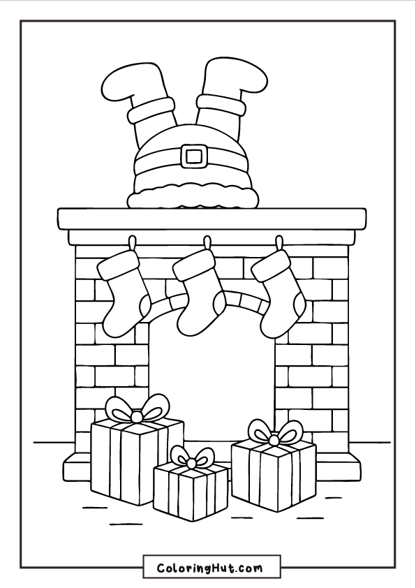 Santa’s legs sticking out of a brick chimney with stockings and wrapped gifts around the fireplace.