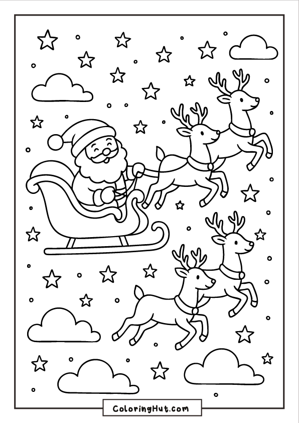 Santa riding his sleigh with three reindeer flying through a sky filled with stars and clouds.