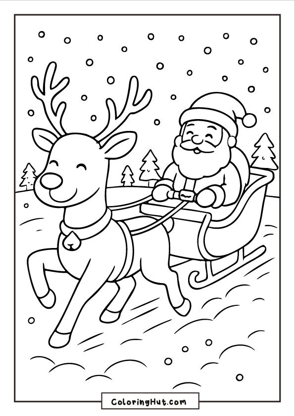 Reindeer running through falling snow while pulling Santa in a sleigh across a winter landscape.