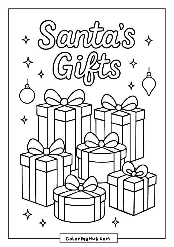 Stacked Christmas presents with ribbon bows beneath “Santa’s Gifts” lettering and hanging ornaments.