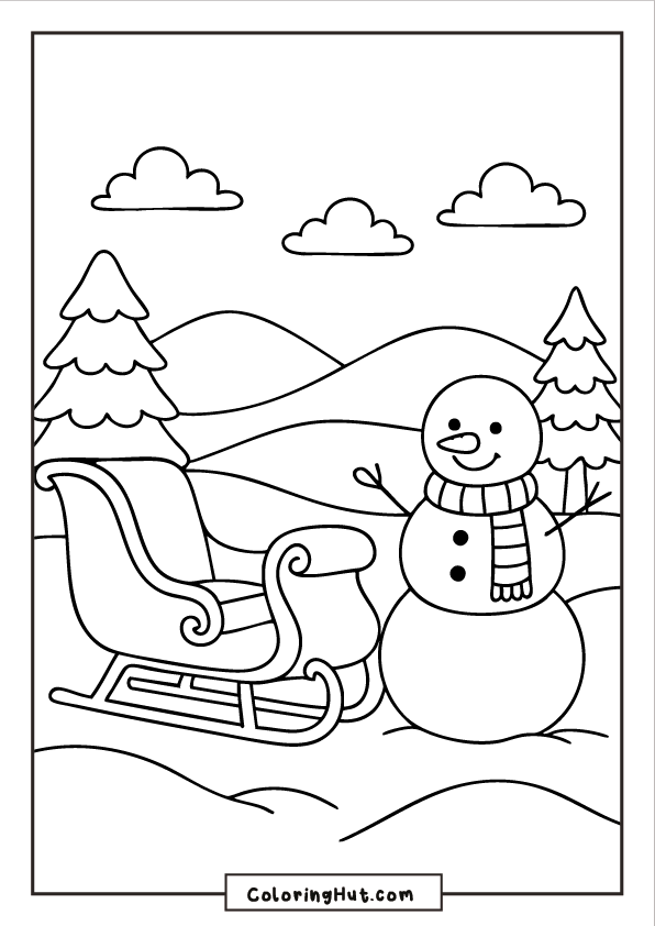 Snowman with scarf standing beside an empty Christmas sleigh in a snowy landscape with hills, trees and clouds.