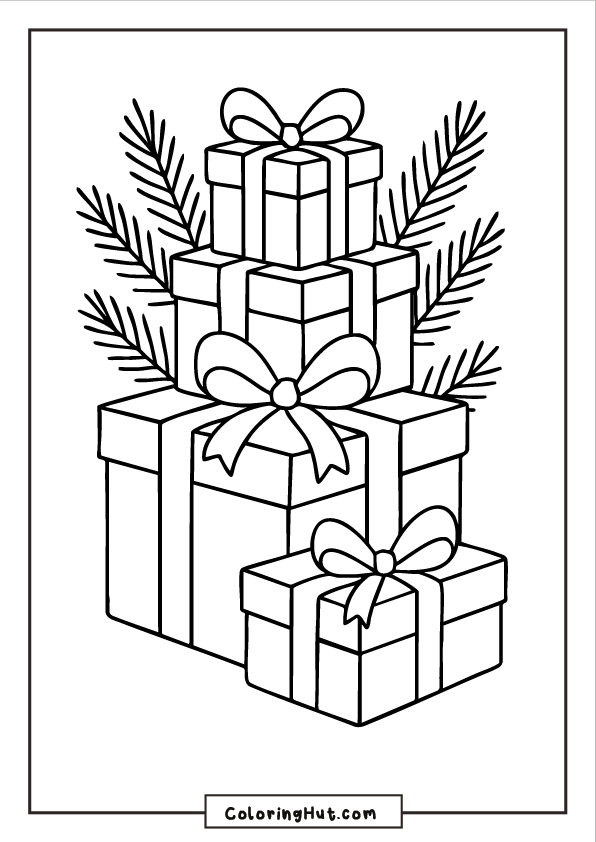Tower of neatly stacked Christmas gift boxes with ribbon bows and pine branches.