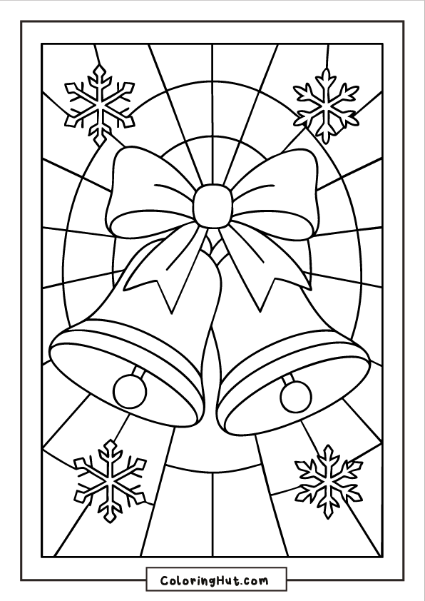 Two Christmas bells with a ribbon centered inside a stained-glass style background featuring bold geometric panels and snowflakes.