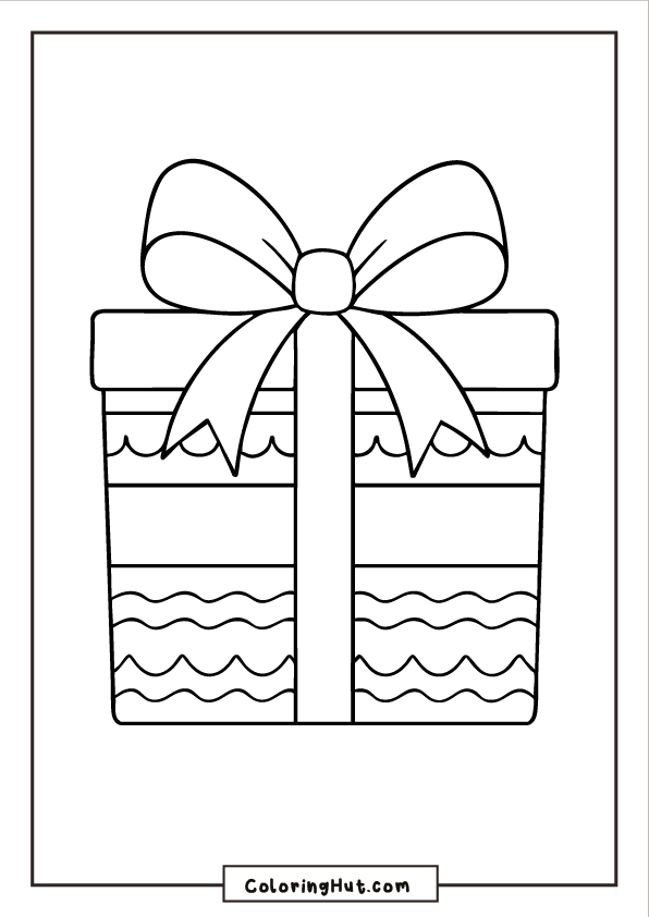 Single Christmas gift box with bold stripes, wavy patterns, and a large ribbon bow on top.