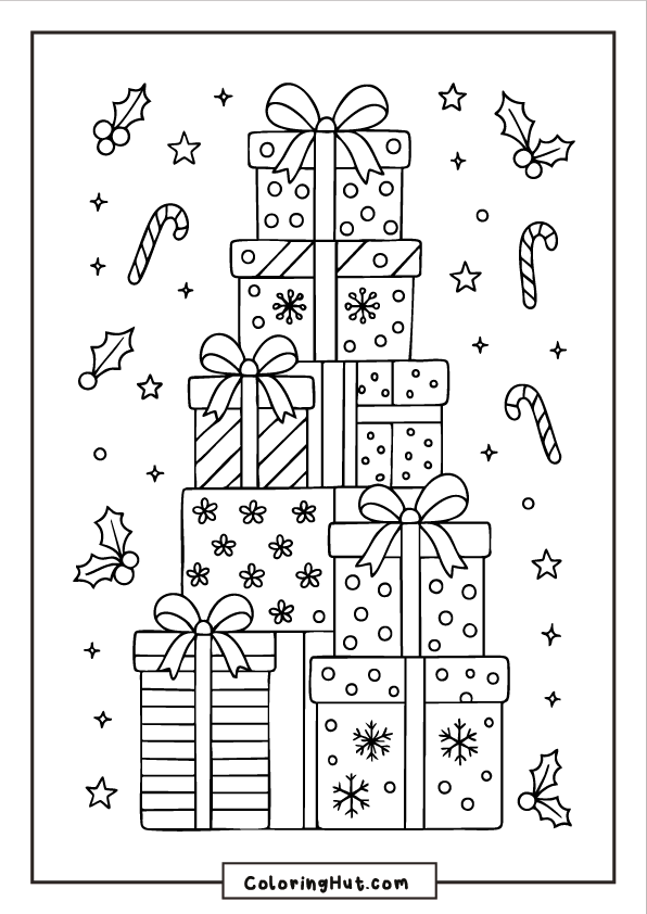 Single Christmas gift box with bold stripes, wavy patterns, and a large ribbon bow on top.