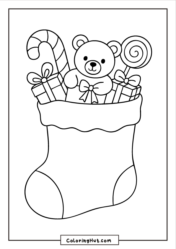 Christmas stocking filled with a teddy bear, wrapped gifts, candy cane, and a lollipop.