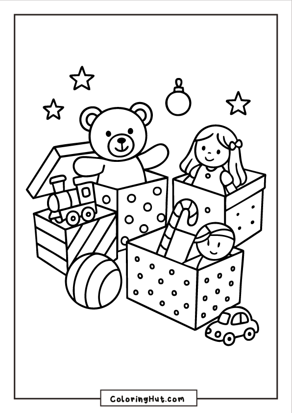 Open toy boxes filled with a teddy bear, doll, toy train, candy cane, ball, and small car surrounded by stars.