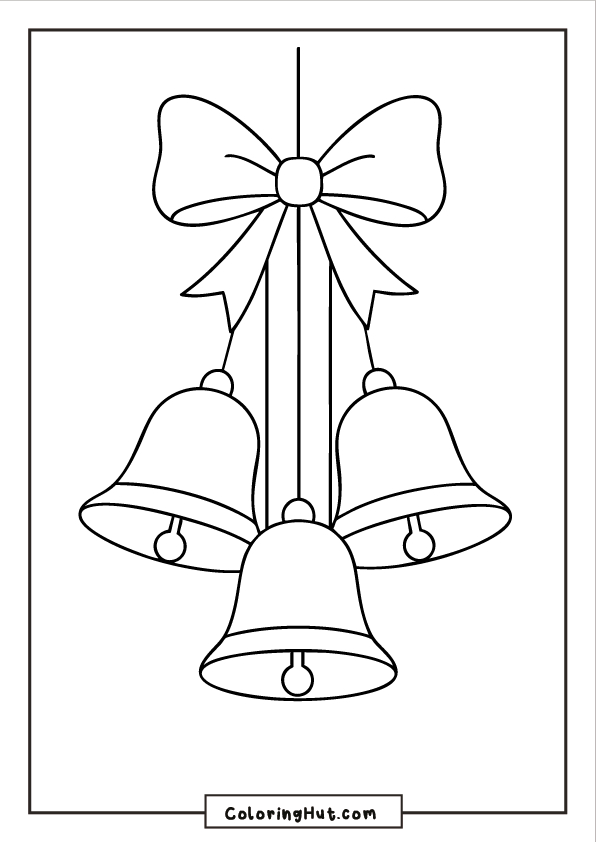 Three hanging Christmas bells tied together with a large ribbon bow, outlined with simple decorative framing.