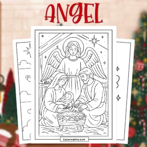 Christmas Angel Coloring Pages showing an angel watching over a nativity scene with Mary, Joseph, and baby Jesus in a peaceful holiday setting.