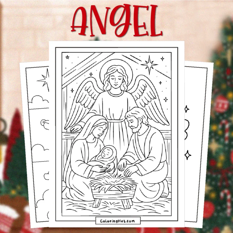 Christmas Angel Coloring Pages showing an angel watching over a nativity scene with Mary, Joseph, and baby Jesus in a peaceful holiday setting.