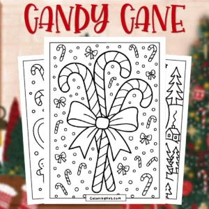 Candy Cane Coloring Page featuring a bundle of striped candy canes tied with a large bow, surrounded by small bows and falling candy shapes.