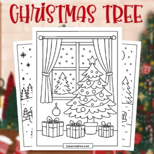 Christmas Tree Coloring Page showing a decorated tree by a window with wrapped presents, ornaments, and a snowy outdoor scene in the background.