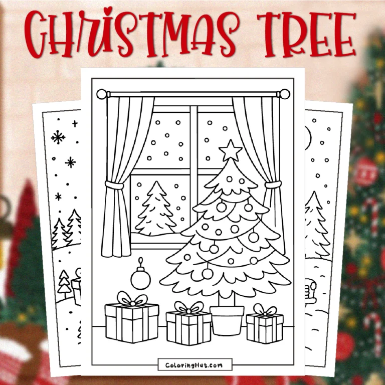 Christmas Tree Coloring Page showing a decorated tree by a window with wrapped presents, ornaments, and a snowy outdoor scene in the background.