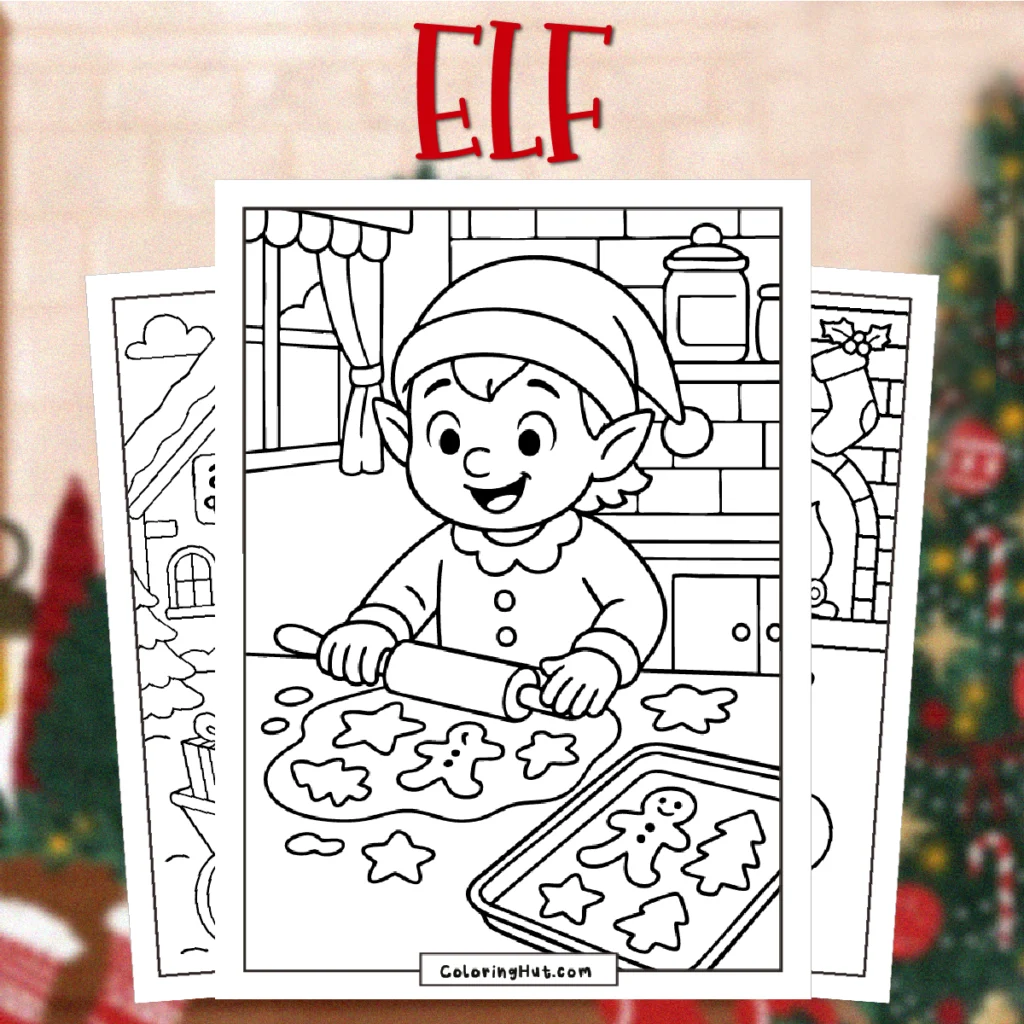 Elves Christmas Coloring Pages showing a cheerful Christmas elf rolling out cookie dough with gingerbread and star shapes in a festive holiday kitchen.