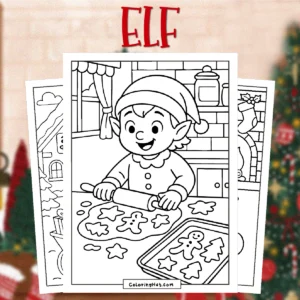 Elves Christmas Coloring Pages showing a cheerful Christmas elf rolling out cookie dough with gingerbread and star shapes in a festive holiday kitchen.