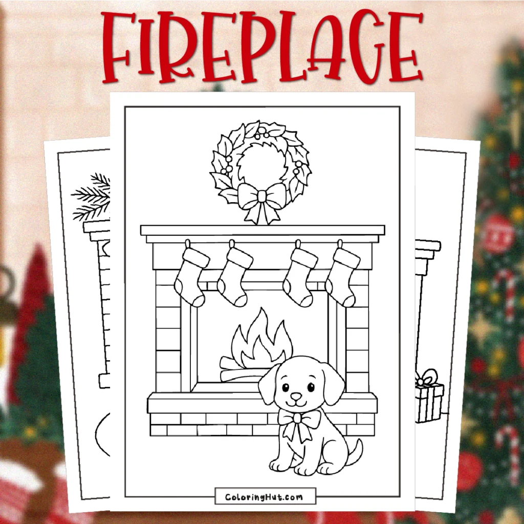 Fireplace Coloring Pages featuring a cozy hearth with hanging stockings, a wreath above the mantel, and a cute puppy with a bow sitting in front of the fire.