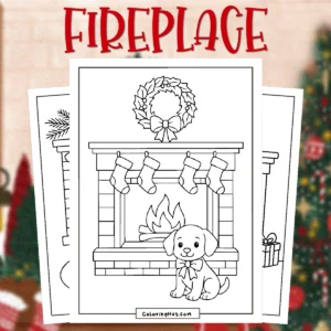 Fireplace Coloring Pages featuring a cozy hearth with hanging stockings, a wreath above the mantel, and a cute puppy with a bow sitting in front of the fire.