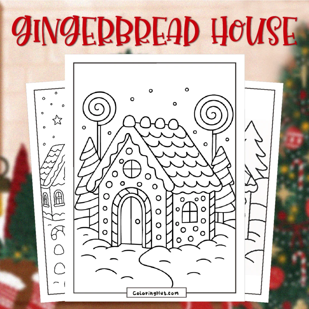 Gingerbread House Coloring Pages featuring a candy-decorated gingerbread cottage with lollipop trees, snowy ground, and holiday details.