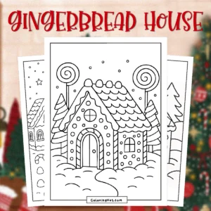 Gingerbread House Coloring Pages featuring a candy-decorated gingerbread cottage with lollipop trees, snowy ground, and holiday details.