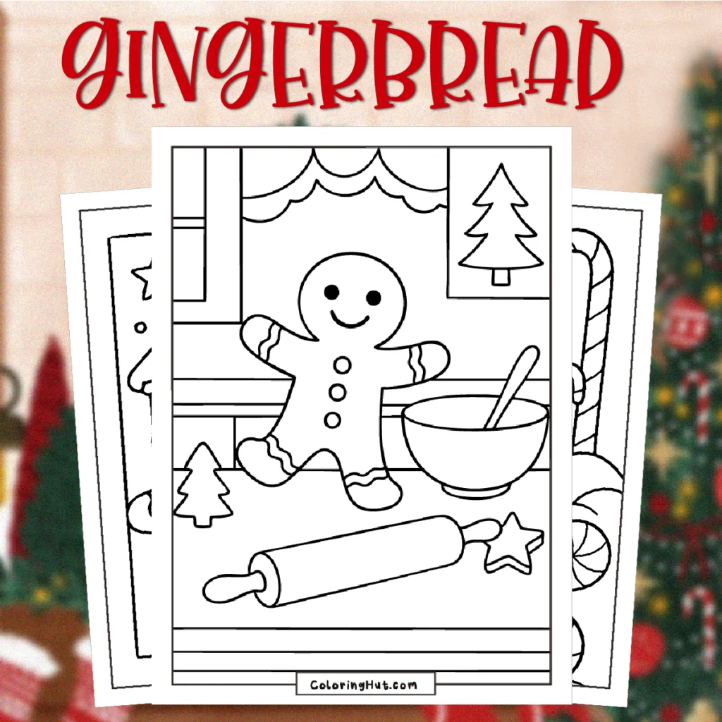 Gingerbread Man Coloring Pages showing a happy gingerbread cookie in a cozy kitchen scene with a mixing bowl, rolling pin, star cookie cutter, and small Christmas tree decorations.