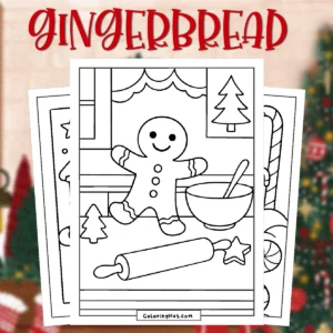 Gingerbread Man Coloring Pages showing a happy gingerbread cookie in a cozy kitchen scene with a mixing bowl, rolling pin, star cookie cutter, and small Christmas tree decorations.