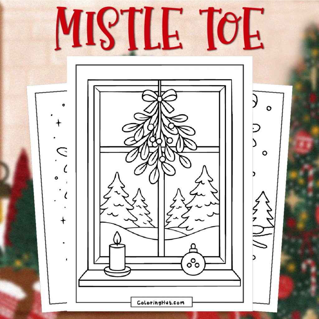 Mistletoe Coloring Pages showing mistletoe hanging in a window with snowy trees outside, plus a candle and ornament on the windowsill.