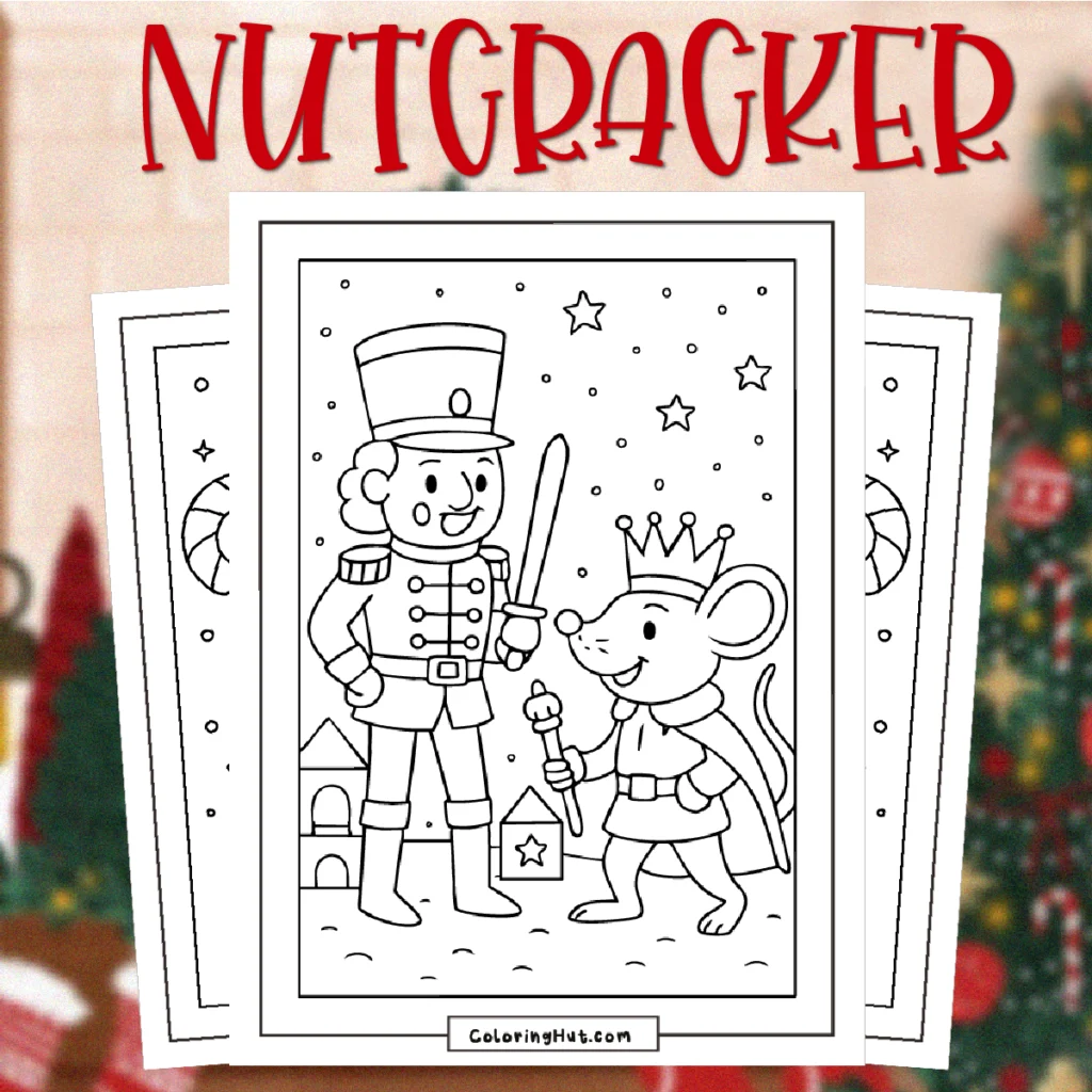 Nutcracker Coloring Pages featuring a classic nutcracker soldier and the mouse king standing together with swords in a whimsical holiday scene.