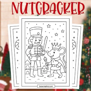 Nutcracker Coloring Pages featuring a classic nutcracker soldier and the mouse king standing together with swords in a whimsical holiday scene.
