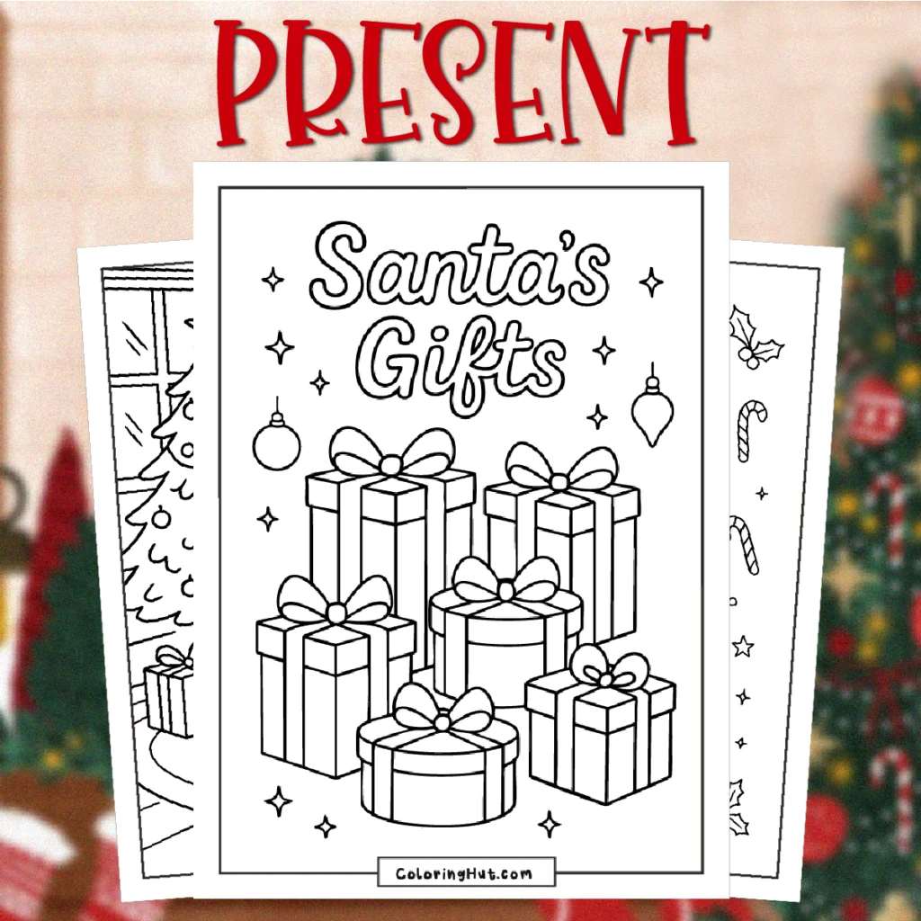 Present coloring pages featuring a stack of wrapped Christmas gifts labeled ‘Santa’s Gifts’ with ornaments and stars around them.