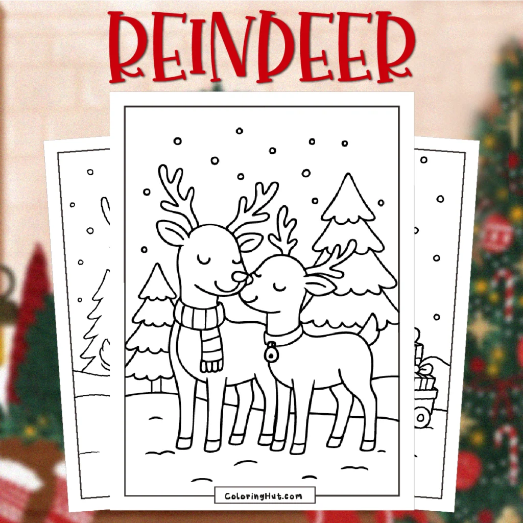 Reindeer Christmas Coloring Pages featuring two friendly reindeer standing in the snow with trees in the background, gently touching noses in a sweet winter scene.