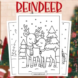 Reindeer Christmas Coloring Pages featuring two friendly reindeer standing in the snow with trees in the background, gently touching noses in a sweet winter scene.
