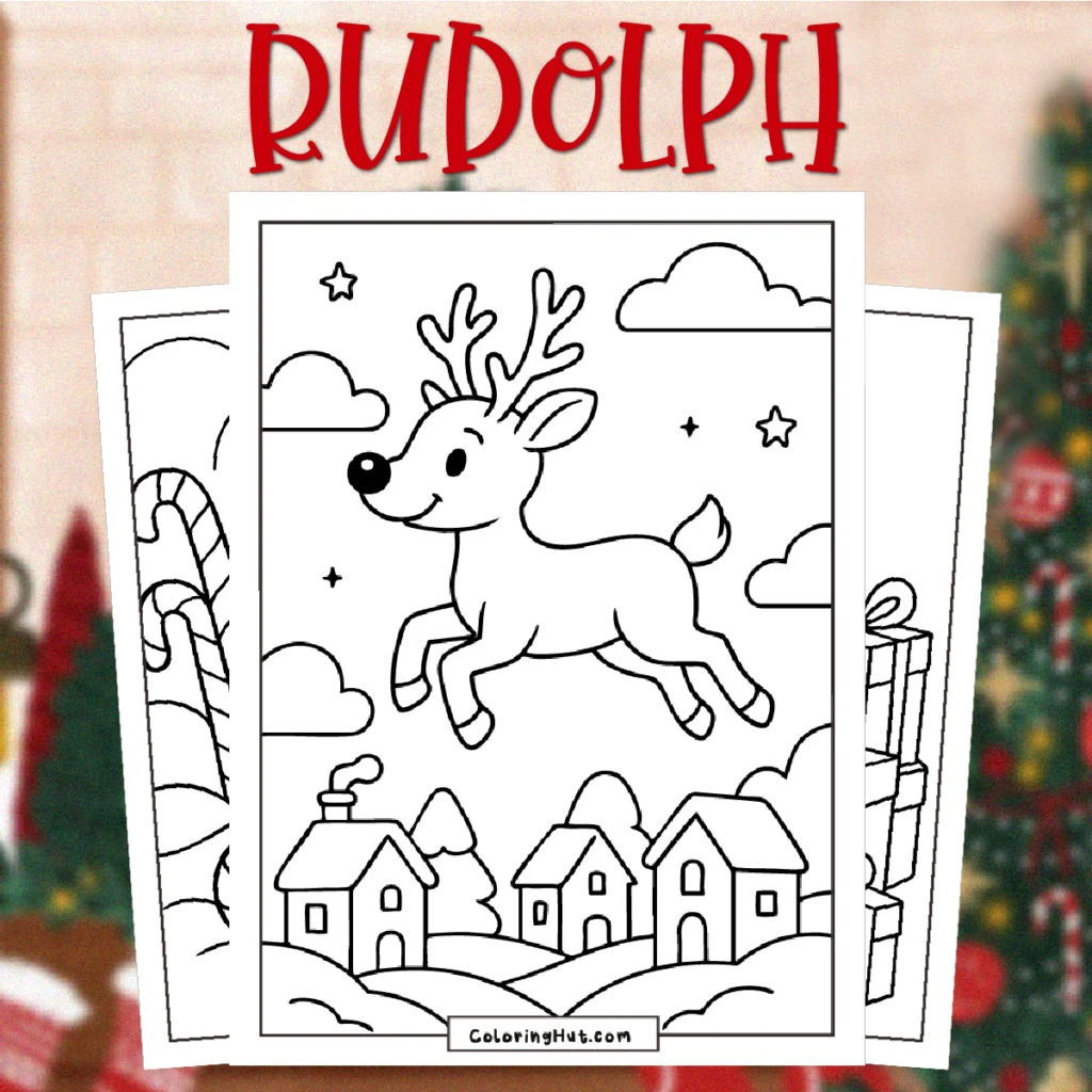 Rudolph Christmas Coloring Pages showing a cheerful reindeer leaping in a snowy village scene with stars, clouds, and winter houses.