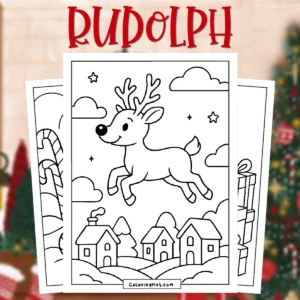 Rudolph Christmas Coloring Pages showing a cheerful reindeer leaping in a snowy village scene with stars, clouds, and winter houses.