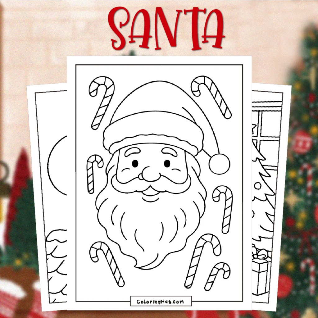 Santa Christmas Coloring Pages featuring a smiling Santa Claus surrounded by candy canes in a festive outline style.