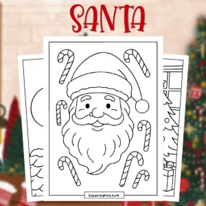 Santa Christmas Coloring Pages featuring a smiling Santa Claus surrounded by candy canes in a festive outline style.