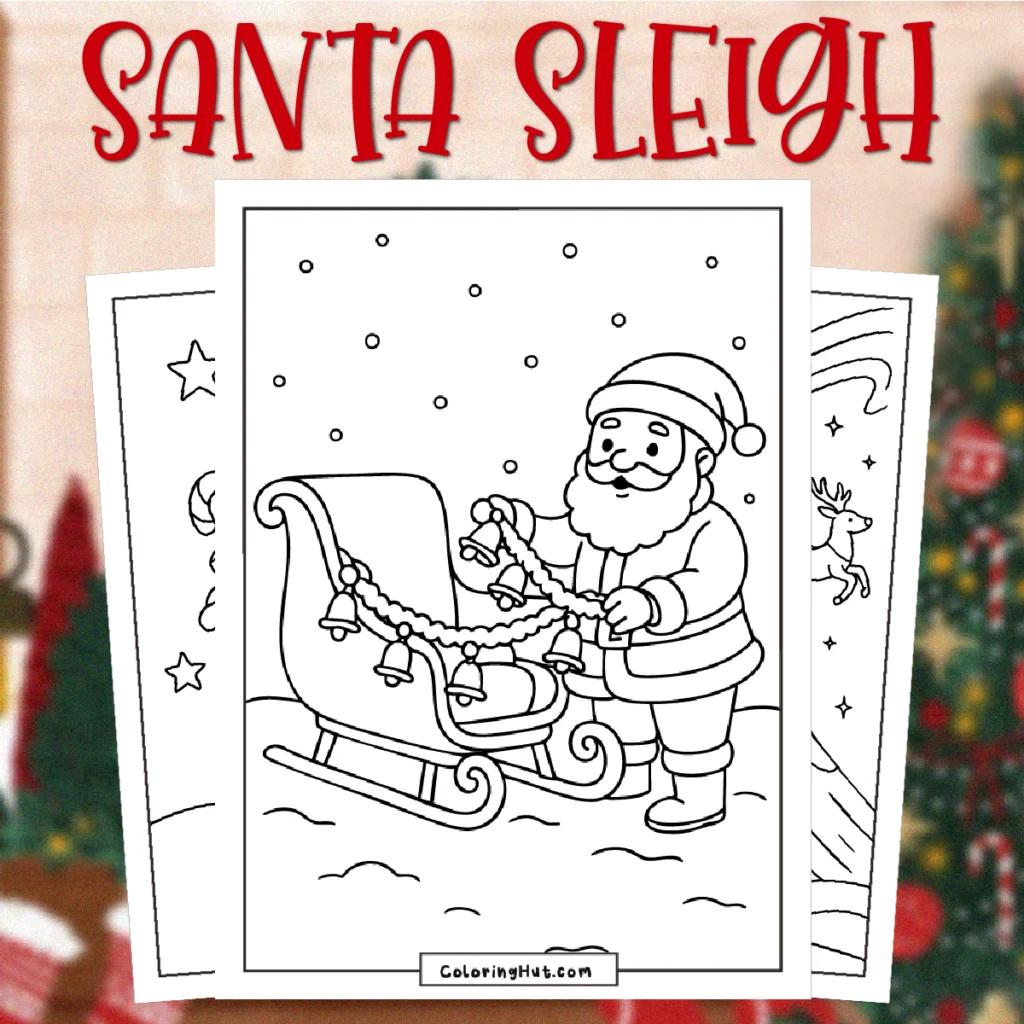 Santa's Sleigh Coloring Pages showing Santa decorating his sleigh with bells on a snowy winter night.