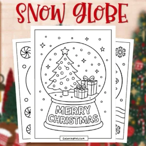 Snow Globe Coloring Pages featuring a Christmas tree and wrapped gifts inside a snow globe with the words Merry Christmas, surrounded by snowfall details.