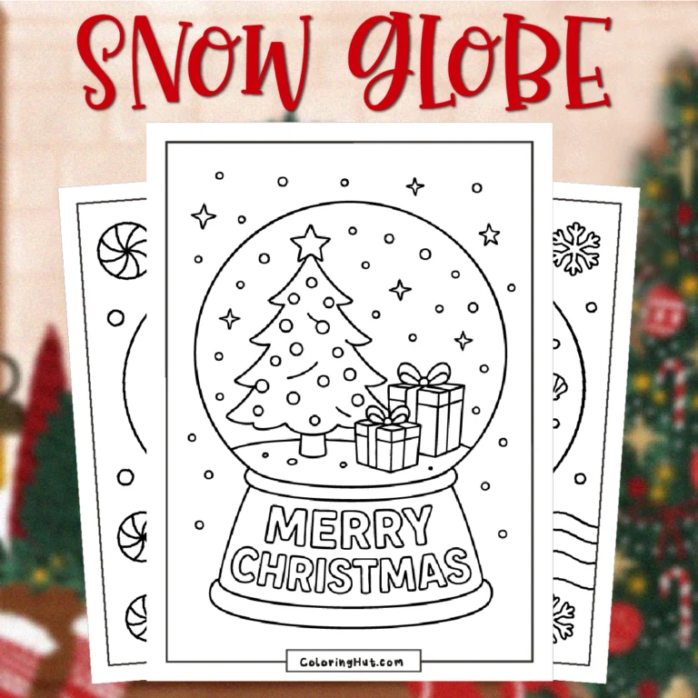 Snow Globe Coloring Pages featuring a Christmas tree and wrapped gifts inside a snow globe with the words Merry Christmas, surrounded by snowfall details.