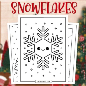 Snowflakes Coloring Pages featuring a cute smiling snowflake surrounded by small stars and winter snow dots.