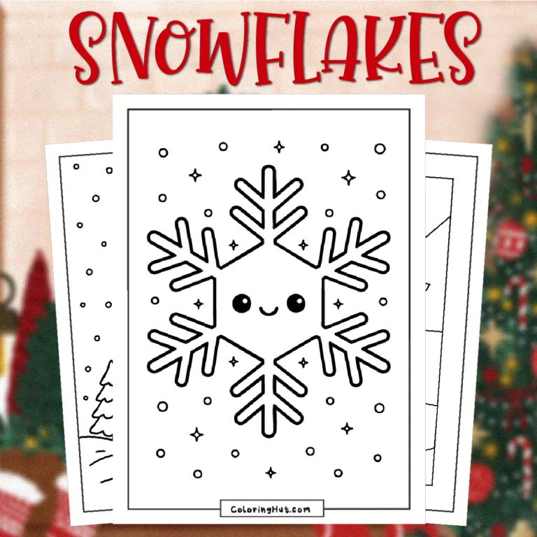 Snowflakes Coloring Pages featuring a cute smiling snowflake surrounded by small stars and winter snow dots.