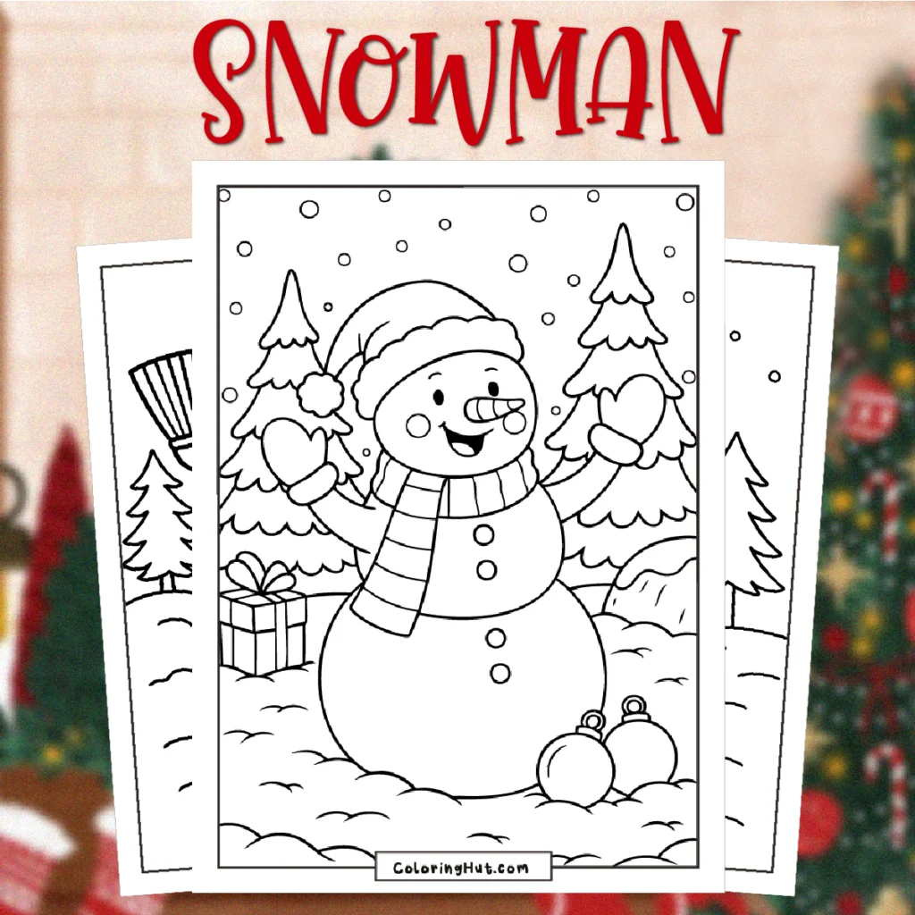 Snowman Coloring Pages featuring a cheerful snowman with a hat and striped scarf in a snowy forest scene, surrounded by pine trees, falling snow, a wrapped gift, and Christmas ornaments.