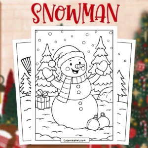 Snowman Coloring Pages featuring a cheerful snowman with a hat and striped scarf in a snowy forest scene, surrounded by pine trees, falling snow, a wrapped gift, and Christmas ornaments.